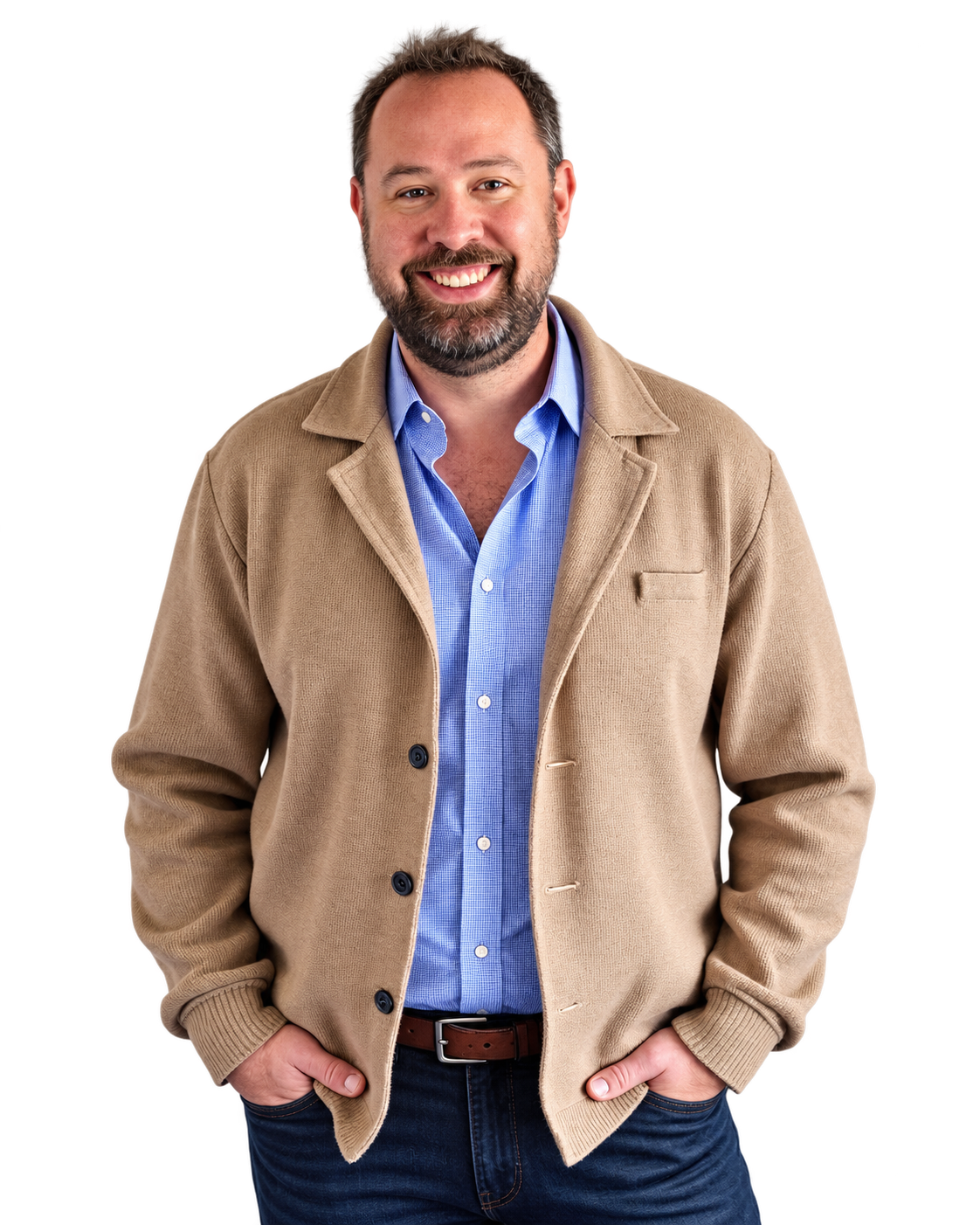 Dan Hardee smiling in a tan cardigan and blue shirt
