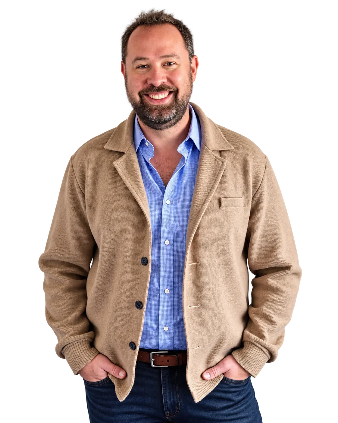 Dan Hardee smiling in a tan cardigan and blue shirt